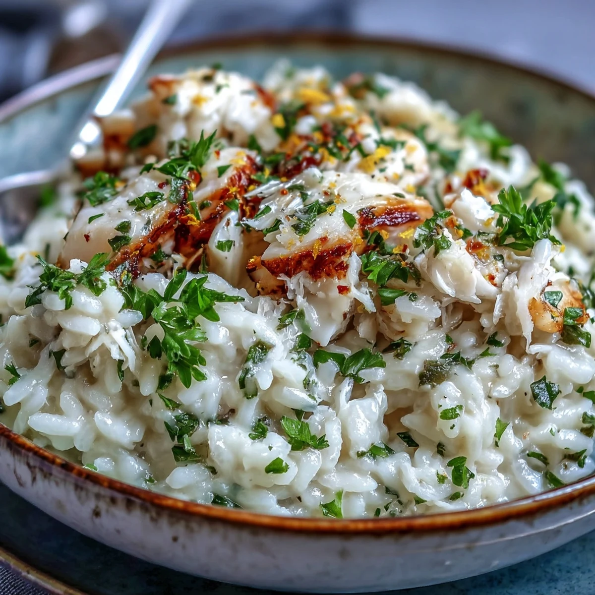 A close-up of Smoked Haddock Risotto, showcasing flaky fish and creamy Arborio rice garnished with fresh parsley and lemon zest.