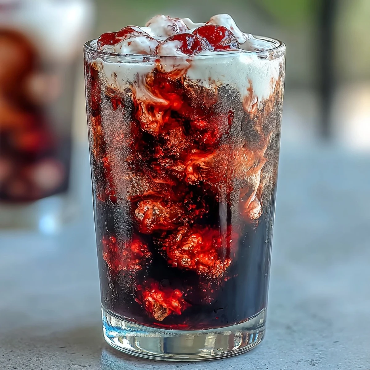 A glass of Midnight Malibu Dirty Soda with ice, blackberry syrup swirls, and a creamy coconut float.