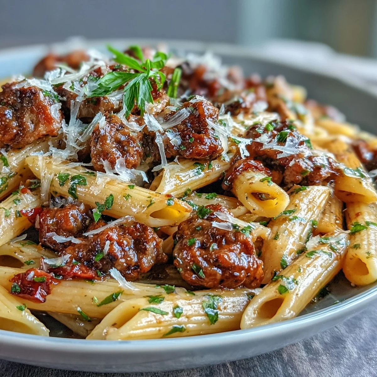 One-pot creamy red wine sausage pasta with penne in a rich, glossy tomato sauce and fresh basil garnish.