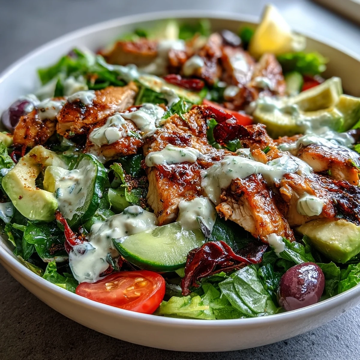 Fresh and colorful chicken shawarma salad bowls with lemon tahini drizzle, featuring grilled spiced chicken, crisp vegetables, and creamy avocado.  