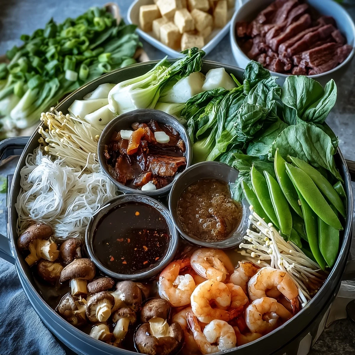 A steaming pot of Asian hot pot filled with fresh vegetables, proteins, and noodles simmering in a fragrant, savory broth.
