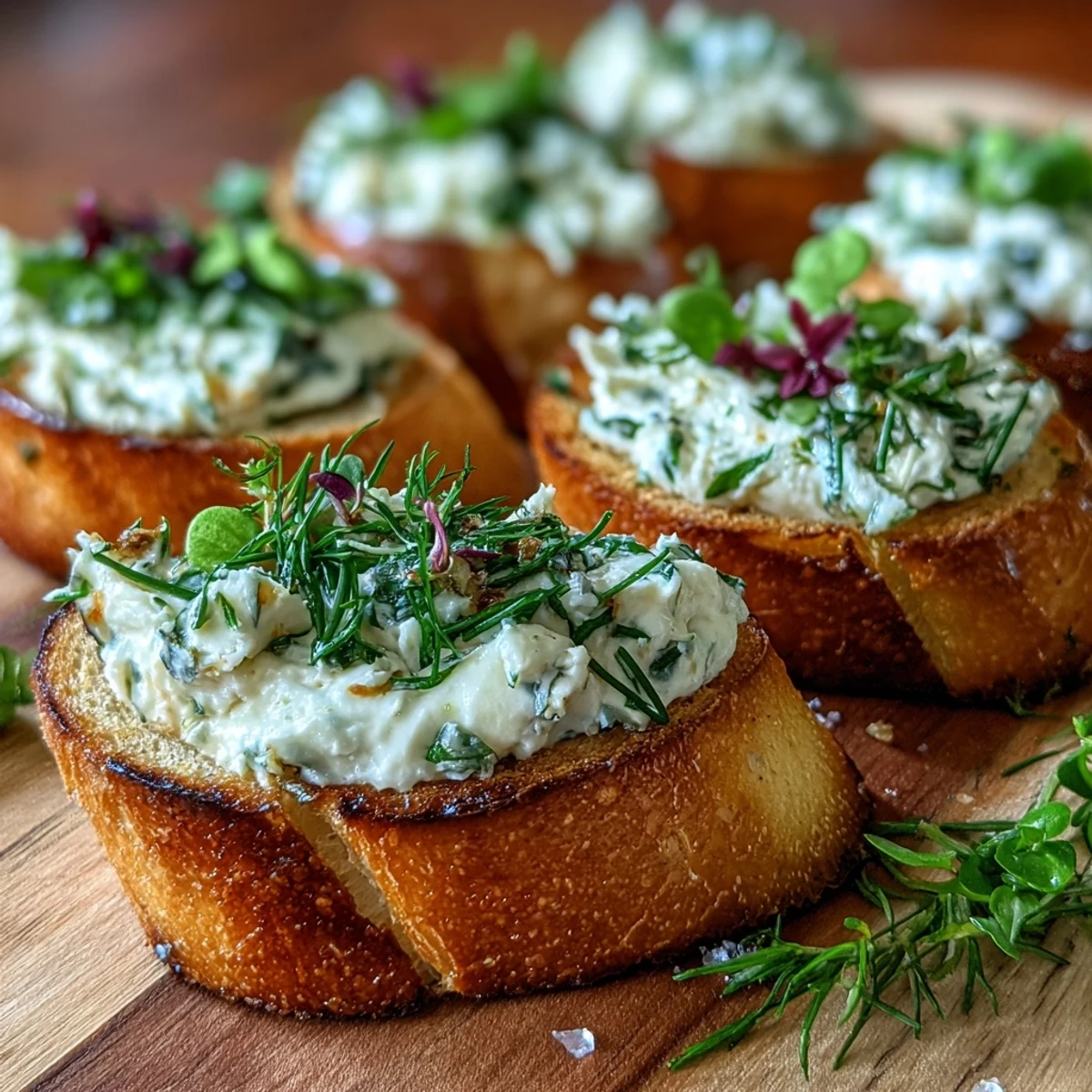 Cream Cheese & Herb Crostini Board with crispy baguette slices topped with herbed cream cheese and fresh herbs.  