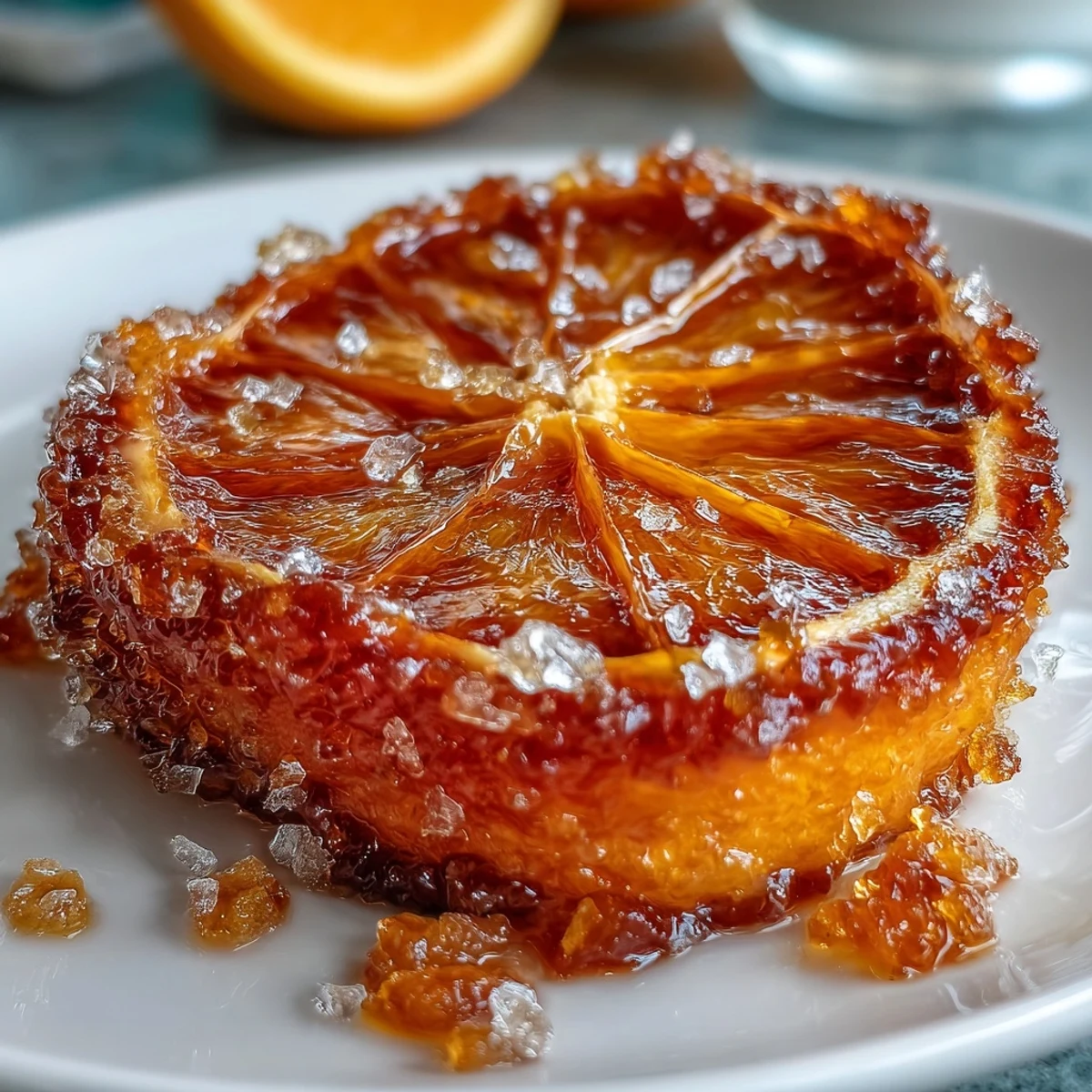 Candied orange slices arranged on a parchment-lined baking sheet, glistening with sweet syrup and ready for drying.