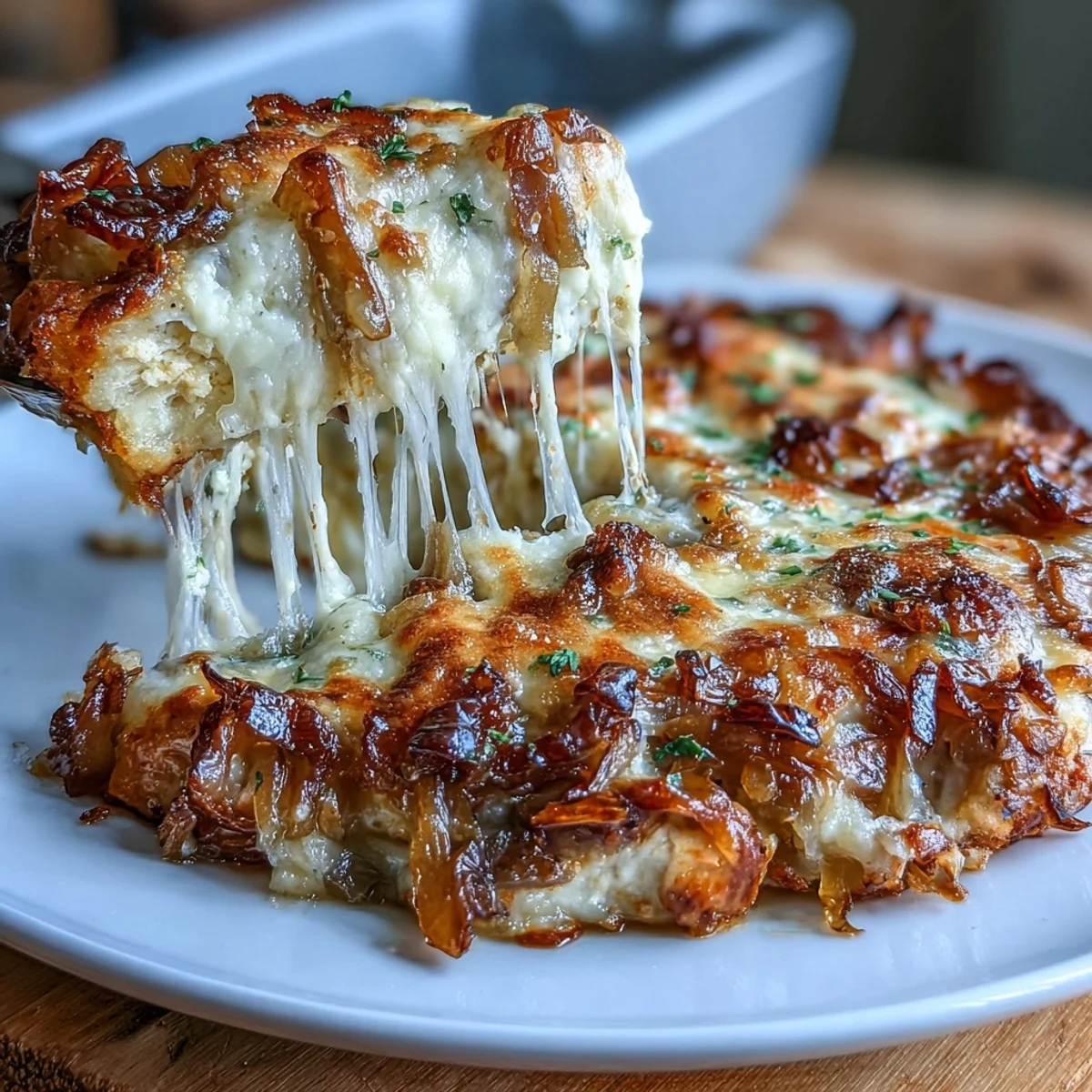 French Onion Chicken Bake with Melted Gruyere, featuring tender chicken breasts baked with caramelized onions and bubbling Gruyere cheese.