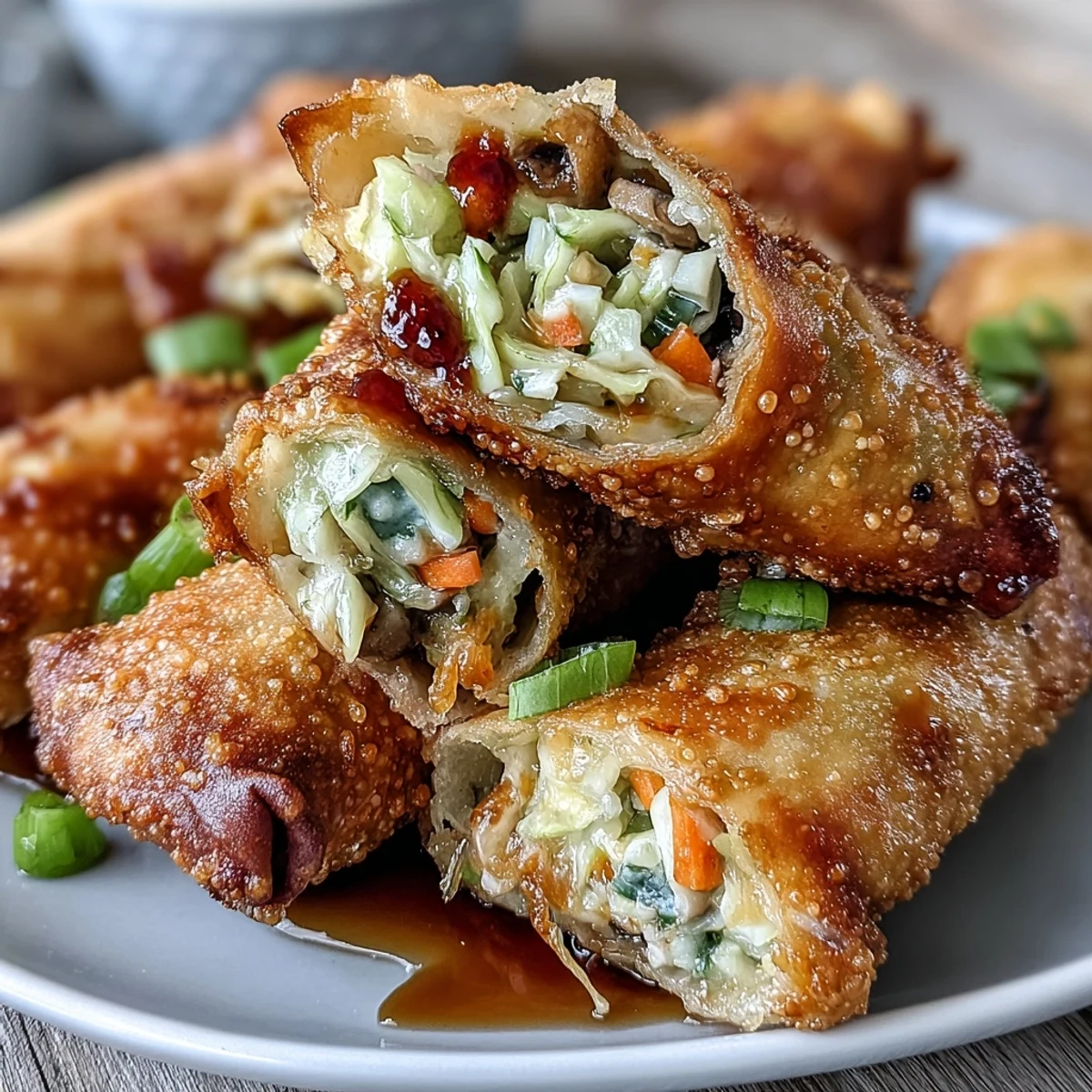 Crispy air fryer vegetable egg rolls filled with cabbage, carrots, and mushrooms, served with tangy soy ginger glaze.  