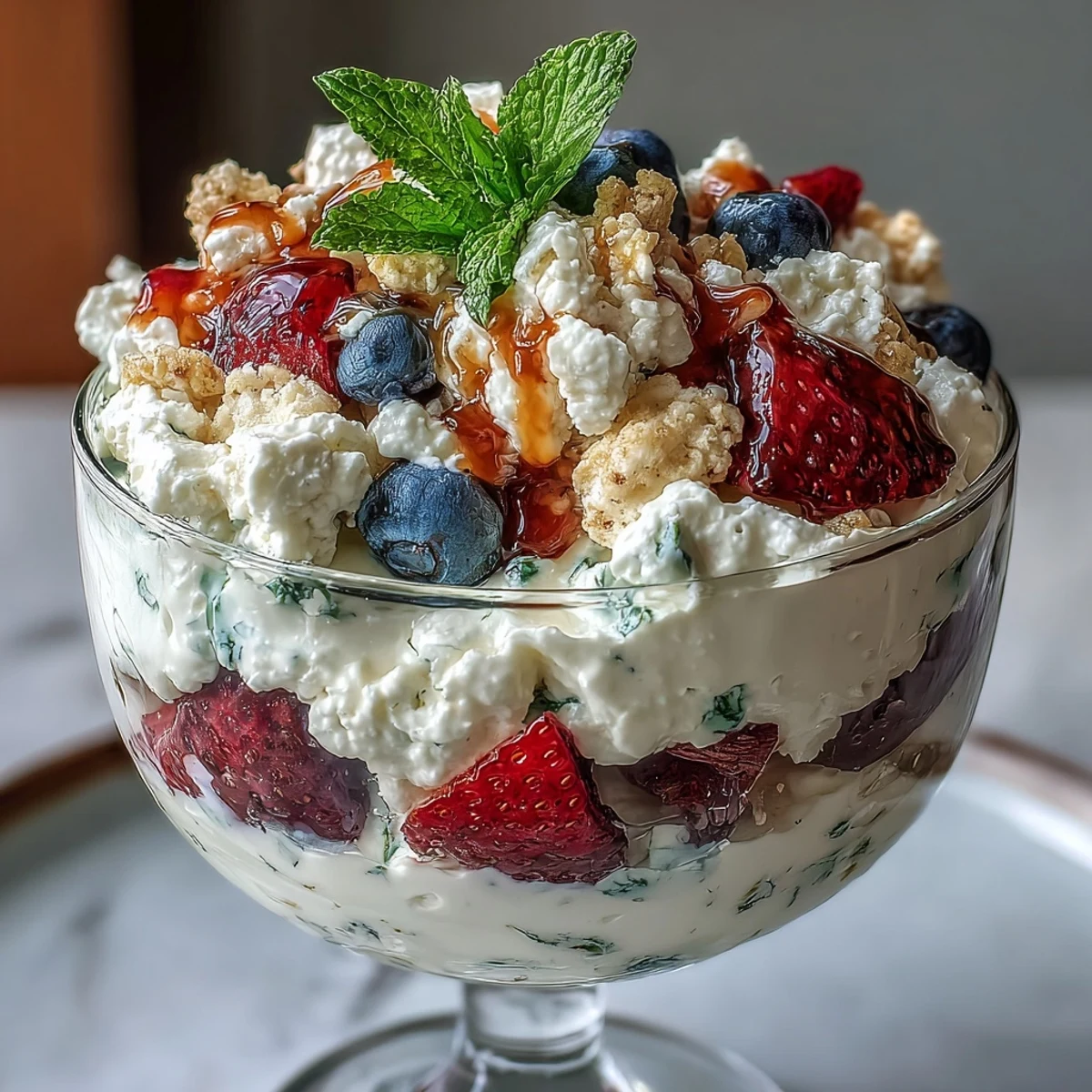 Cottage Cheese Berry Parfait with Granola: creamy cottage cheese layered with fresh strawberries, blueberries, and crunchy granola for a healthy breakfast.