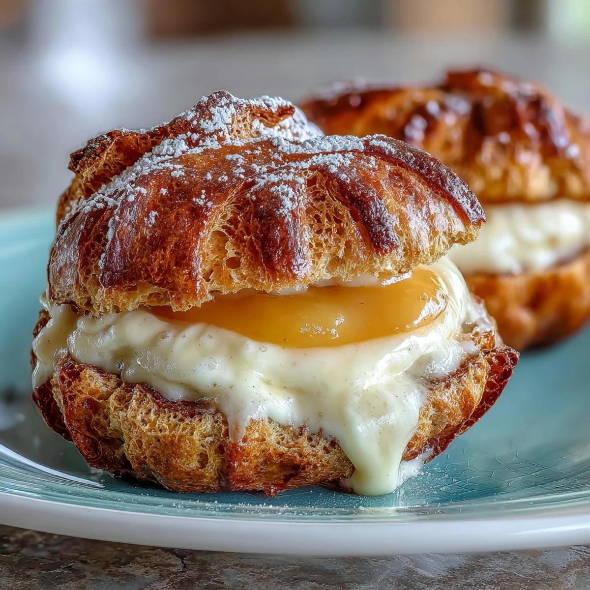 Golden mango pastry cream puffs filled with tropical mango custard and dusted with powdered sugar.