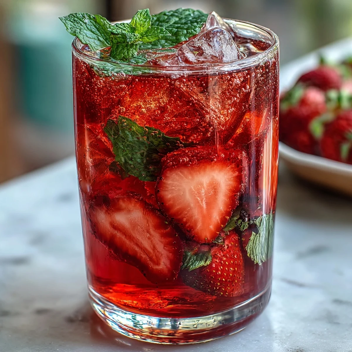 A refreshing sparkling strawberry mocktail with fresh strawberries, citrus, and mint garnish in tall glasses.