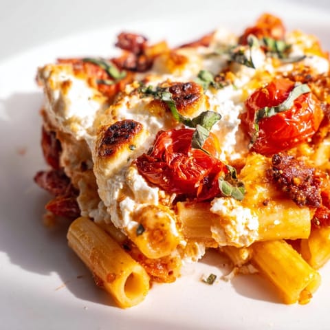 Close-up of cheesy Weeknight Baked Ziti with Cherry burst, steam rising, basil garnish.