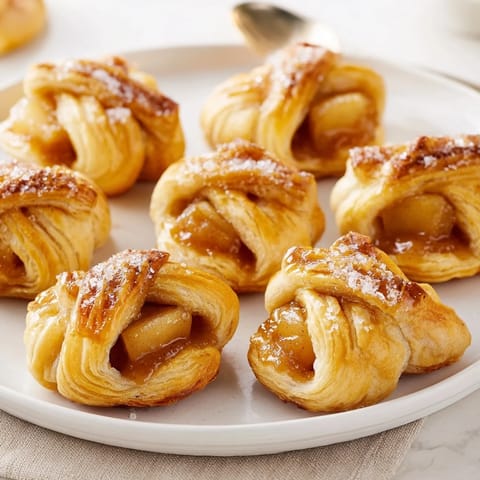 Golden pastry puffs filled with sweet apple and melting caramel, ideal for dessert.  