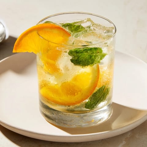 Homemade probiotic soda mocktail served over ice, garnished with vibrant orange slices.  