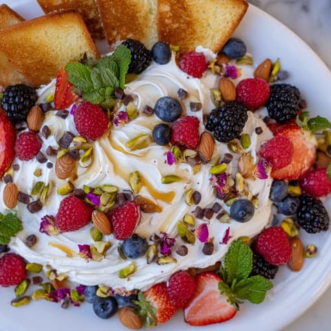 Indulge in a colorful butter board dessert layered with whipped cream cheese and fruits.  