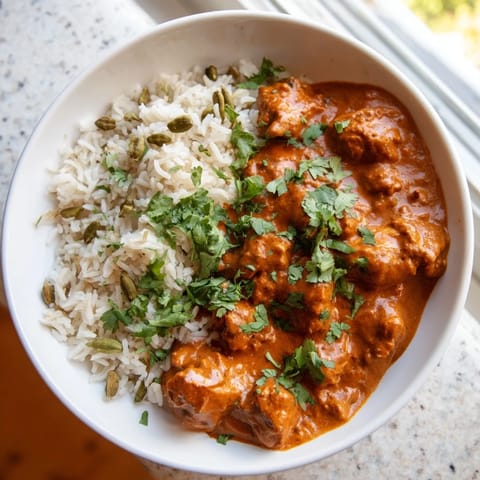This photo features a flavorful Butter Chicken, showcasing the rich tomato sauce and rice pilaf.