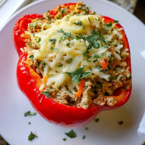 Fragrant, tender Stuffed Peppers showcasing savory filling of ground turkey, rice, and cheese, ready to eat.