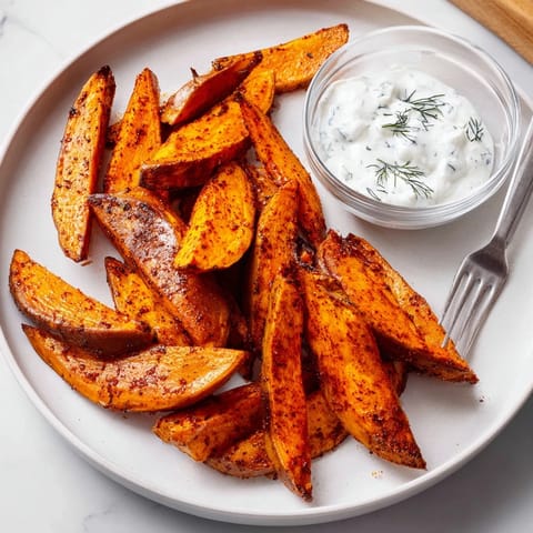 Close-up of crispy roasted sweet potato wedges ready to dip into cool, tangy yogurt.
