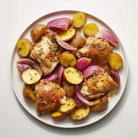 Vibrant image of pan-roasted Zaatar Chicken and Potatoes, perfectly roasted with lemon zest and parsley.