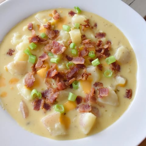 This Crockpot Loaded Baked Potato Soup features a thick, creamy texture with visible chunks of potato and melted cheese.