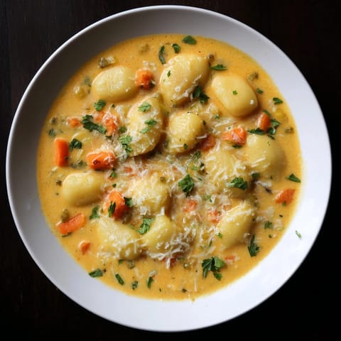 Velvety smooth Savory Butternut Squash Gnocchi Soup with visible gnocchi, ready to be enjoyed.