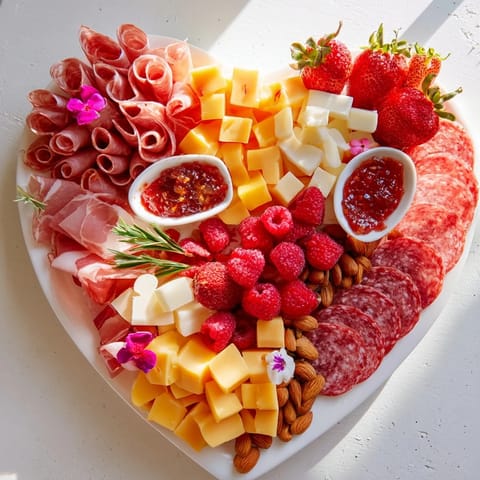 Heart-shaped charcuterie board overflowing with artisan cheeses, cured meats, and fresh fruits, ready to serve.
