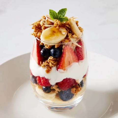 A close-up view of beautifully layered yogurt and granola parfait glasses, ready to be enjoyed.