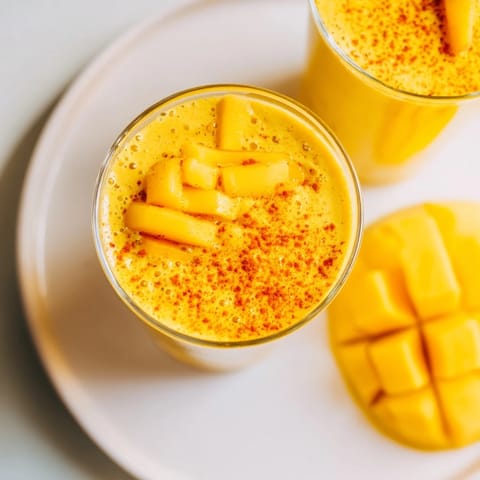 A close-up of a refreshing Mango Turmeric Smoothie, blended to a smooth, golden perfection in a glass.