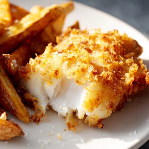 Crispy British fish and chips, a pub classic: imagine the flaky fish inside the golden batter.
