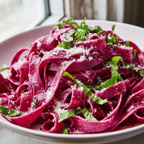 Freshly cut beet noodle pasta in a rustic wooden bowl, showcasing its deep pink hue and tender texture.