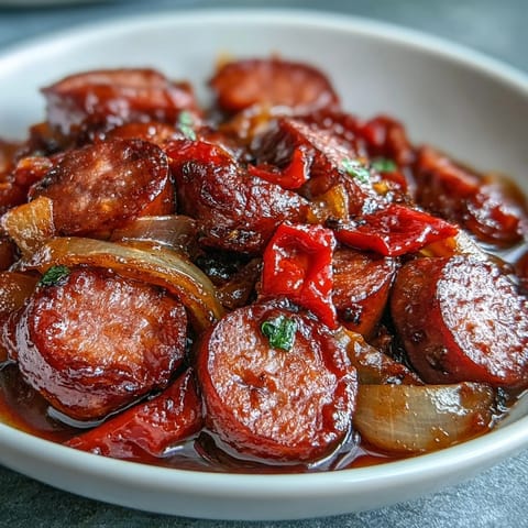 A ladle scoops rich, smoky broth with tender sausage pieces and red bell peppers from the slow cooker.