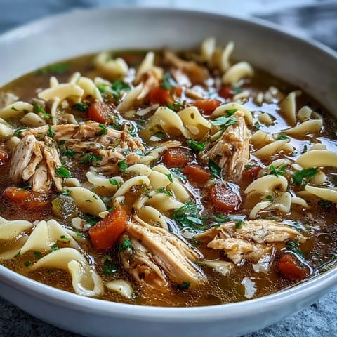A steaming bowl of Instant Pot Chicken Noodle Soup features tender shredded chicken, carrots, and soft egg noodles in savory broth.