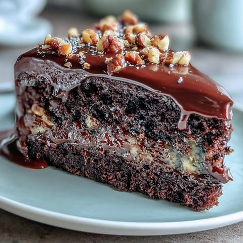 Moist Chocolate Celebration Cake layers are generously coated in glossy, dark chocolate ganache.  