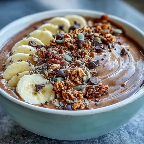 A vibrant chocolatey breakfast bowl with crunchy cacao nibs, hemp seeds, and a spoon-ready texture.