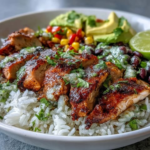 Cajun Chicken Bowl served over rice with creamy avocado slices, fresh cilantro, and bright lime wedges on the side.