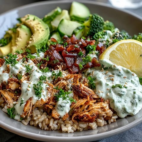 Colorful Rotisserie Chicken Bowl with diced avocado, cherry tomatoes, cucumber, and fresh cilantro garnish served on a rustic wooden table.