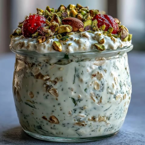 A spoon rests beside the jar of pistachio overnight oats, with Greek yogurt and honey visible in the chilled, textured mixture.