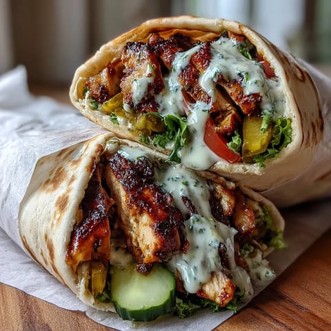 Golden-brown grilled chicken shawarma is sliced and piled onto soft pita bread, ready for fresh toppings and creamy garlic sauce.