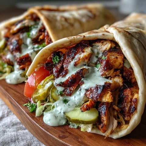 A finished chicken shawarma wrap is folded and held in hand, showing colorful tomatoes, cucumbers, and tangy pickles inside.