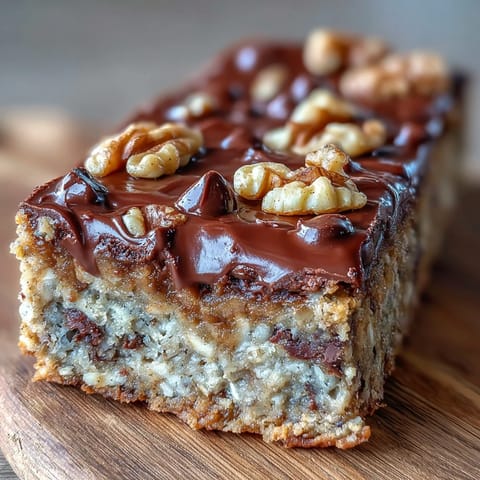 A close-up of gooey Chunky Monkey Protein Baked Oat Bars sliced into squares, revealing a soft, banana-infused texture.