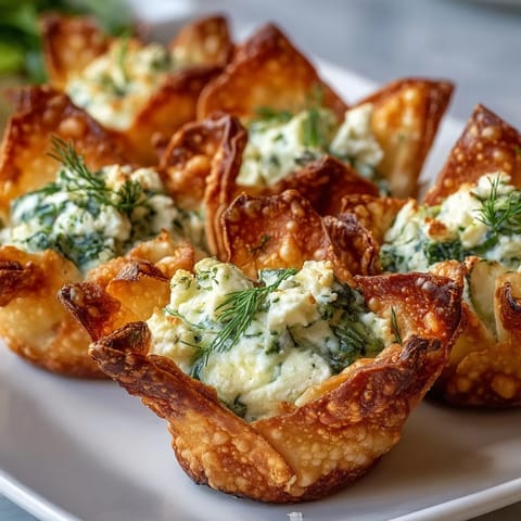 Crispy Spinach Feta Wonton Cups baked golden and filled with creamy cheese and greens.