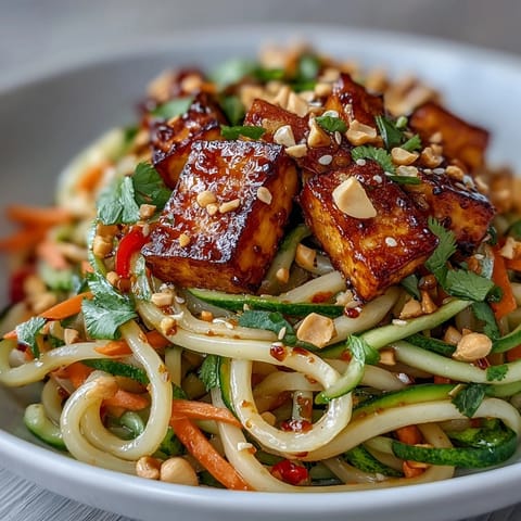 Vibrant, creamy cucumber salad tossed with cold noodles and tofu, drizzled with a spicy chili crisp sauce.