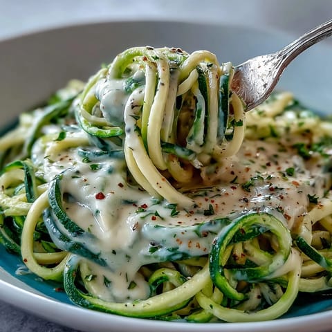 Creamy Vegan Cashew Alfredo Sauce poured over fresh green zucchini noodles in a white bowl.
