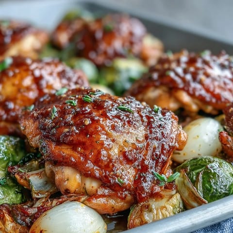 Sheet Pan Honey Mustard Chicken glazed with honey and Dijon, paired with tender Brussels sprouts and red onion wedges.