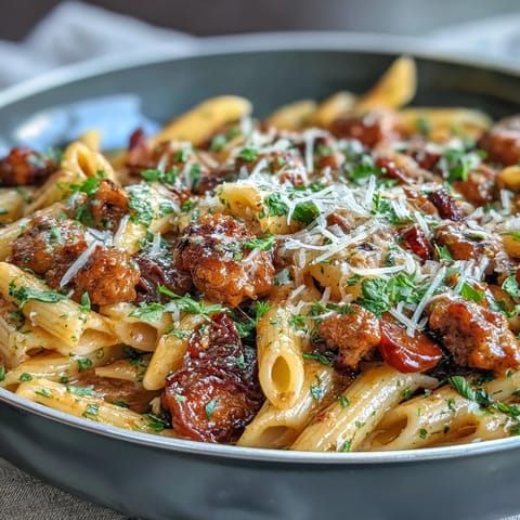 Sizzling Italian sausage and colorful bell peppers simmer in red wine, creating a hearty one-pot creamy red wine sausage pasta.