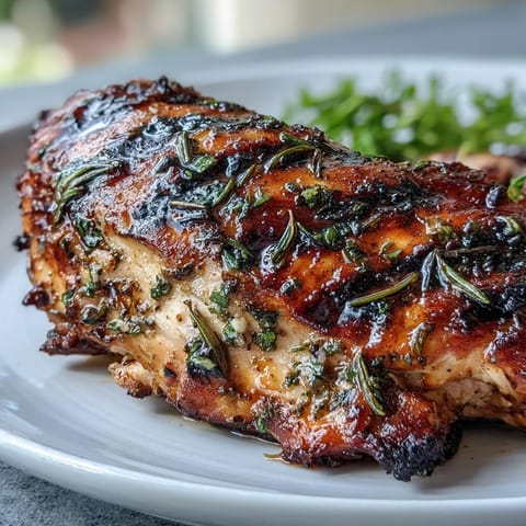 A close-up of herb-marinated chicken breasts sizzling on the grill, paired with golden roasted root vegetables in the background.  