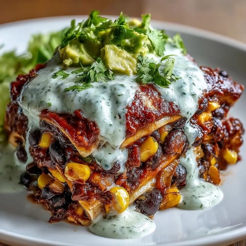 A vegan black bean enchilada casserole layered with vegetables and smoky sauce, topped with creamy avocado crema.  