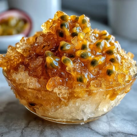 Refreshing passionfruit granita with crystalline texture, bursting with tangy tropical flavor and perfect for cooling down on hot summer days.
