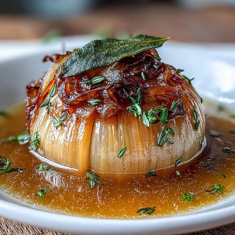 Whole peeled onions simmered in herb-infused broth, garnished with fresh parsley and chives for vibrant flavor.  