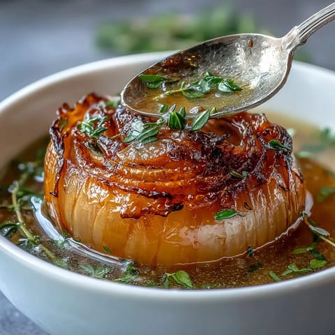 A steaming bowl of onion boil ASMR with tender whole onions in a fragrant, buttery spiced broth.  