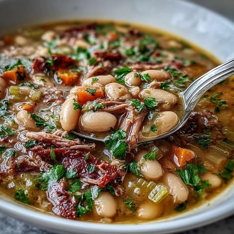 Hearty White Bean and Ham Hock Soup, garnished with fresh parsley, served alongside crusty bread for a comforting Southern meal.  