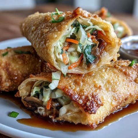 Golden brown air fryer egg rolls bursting with fresh vegetables and paired with a sweet-savory soy ginger dipping sauce.  