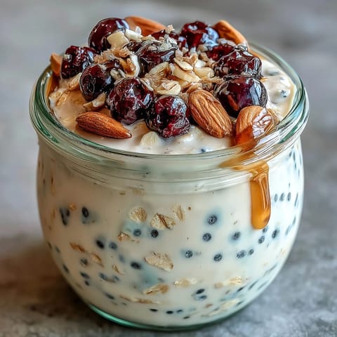 Layered chia overnight oats topped with juicy blueberries and sliced almonds, perfect for healthy breakfasts.  